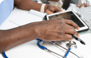 Healthcare professional reviewing six types of Myasthenia Gravis on tablet